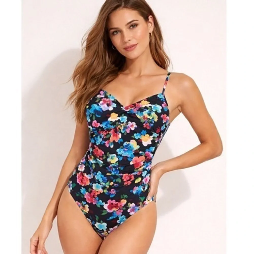 Aqua Green Floral One Piece Swim Bathing Suit‎ Size L NEW